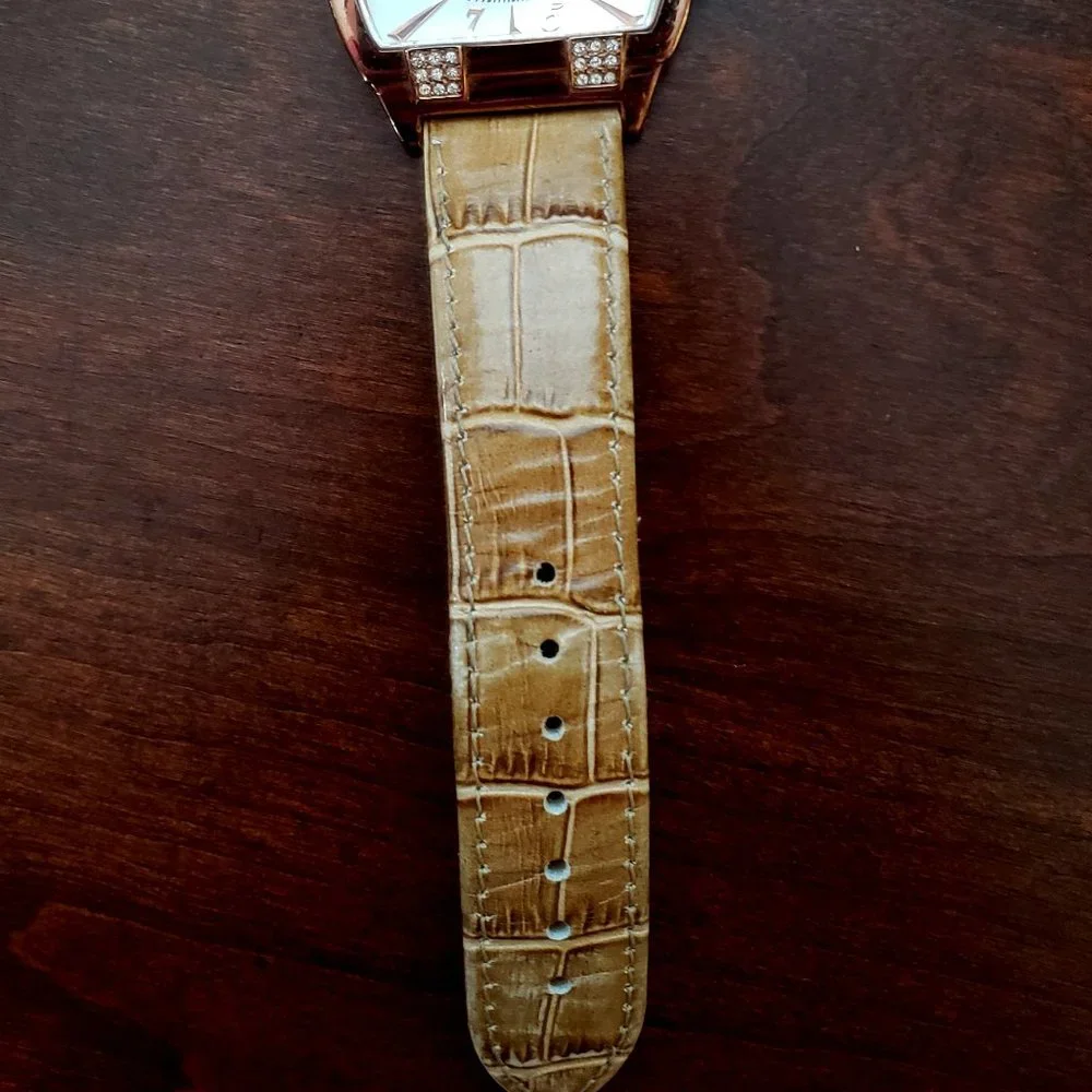 Jennifer Lopez Rose Gold Crystal Accent Rectangle Face Leather Band Womens Watch